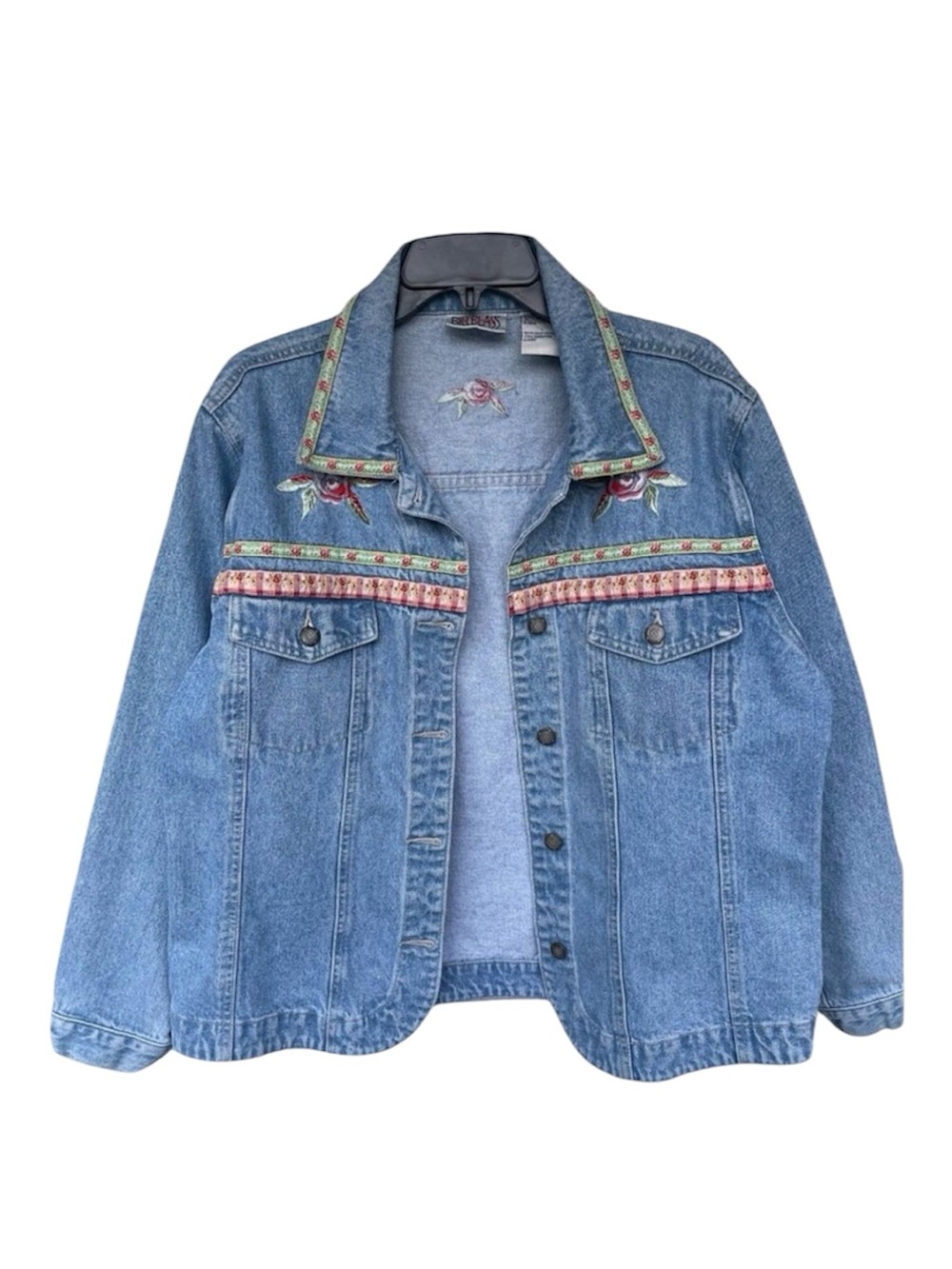 Vintage Bill Blass Jean Jacket Size L Blue Denim Embroidered Floral Casual Cute